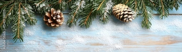 Obraz Snowy Pine Cones and Fir Branches on Blue Wood Winter Holiday Background, christmas, winter