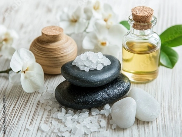 Obraz Spa Treatment Stacked Stones, Sea Salt, Essential Oil, White Orchids, Spa Relaxation Keywords Wellness, Aromatherapy