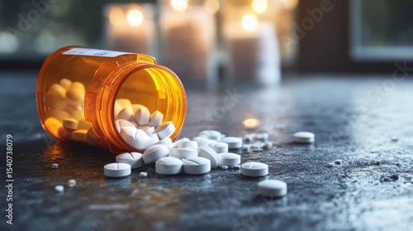 Obraz Spilled Pills Orange Bottle, White Tablets, Candles Background, Addiction, Medication, Overdose Addiction, Overdose