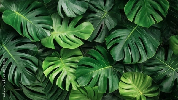 Obraz Tropical Monstera Leaf Composition Lush Green Foliage Flat Lay, Monstera deliciosa, Jungle Aesthetic Tropical Leaves, Green Background