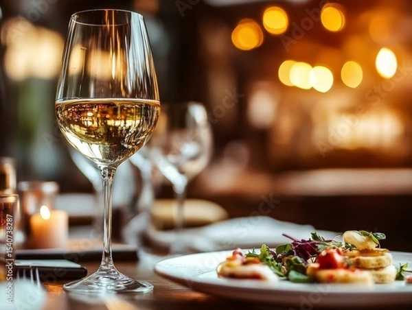 Obraz White Wine Glass at Restaurant, Warm Lighting, Appetizer, Food Photography, Bokeh Wine, Gastronomy