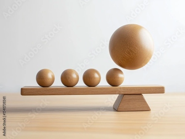 Obraz Wooden Balance Scale with Falling Sphere Composition of Five Spheres and Seesaw, Minimalist Concept, Equilibrium, Balance Equilibrium, Minimalism