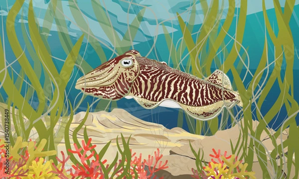 Obraz A common cuttlefish swims along the seabed with algae and corals. Realistic vector landscape