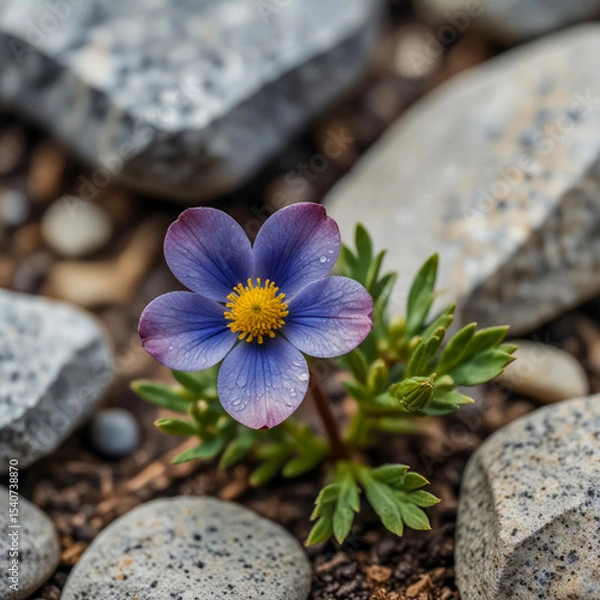 Fototapeta Close-up watercolor of a miniature alpine flower nestled in rocky soil, its petals trembling under cold rain, with foggy granite in soft focus behind