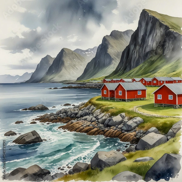 Fototapeta Watercolor Illustration of Vikten, Lofoten Islands, NorwayA small stone beach in Vikten with waves gently rolling in under gray skies. Behind, grassy cliffs rise steeply, and a few scattered red woode