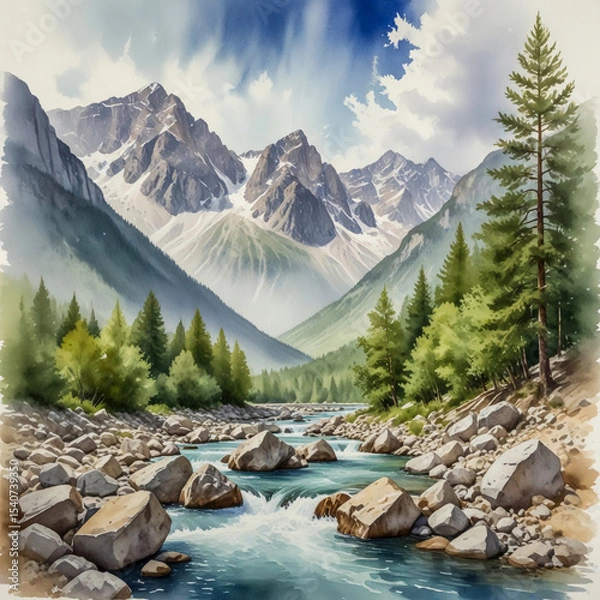 Fototapeta Watercolor Illustration of Valbona Valley, AlbaniaA clear alpine river cutting through a forested valley surrounded by rugged mountain peaks. Use realistic textures—pebbled shores, fir trees, and the 