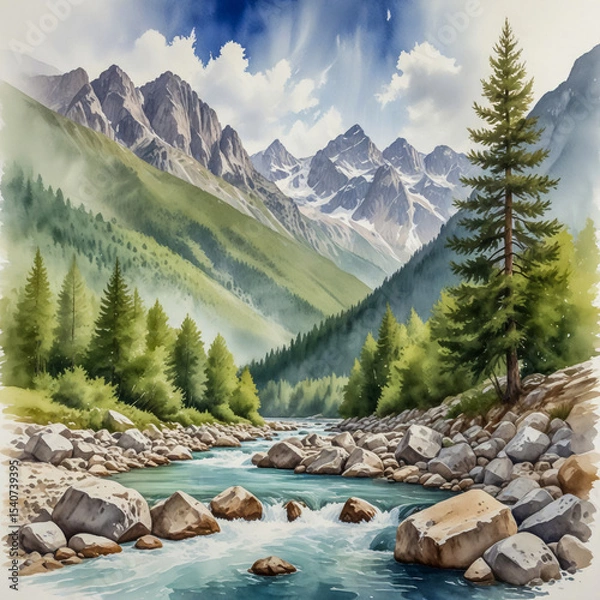 Fototapeta Watercolor Illustration of Valbona Valley, AlbaniaA clear alpine river cutting through a forested valley surrounded by rugged mountain peaks. Use realistic textures—pebbled shores, fir trees, and the 