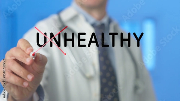 Fototapeta Doctor is crossing out the word unhealthy with a red cross, symbolizing a shift towards a healthy lifestyle, promoting wellness and disease prevention