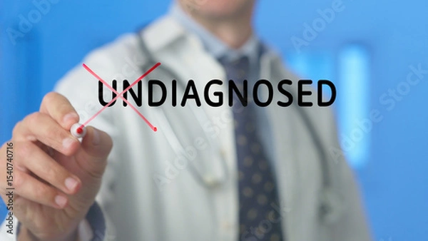 Fototapeta Doctor is crossing out the word undiagnosed with red marker on a transparent screen, symbolizing successful diagnosis and treatment of disease