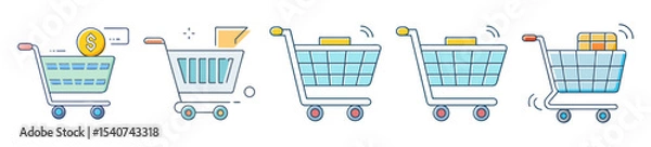 Fototapeta Five stylized shopping carts showing various stages of the purchasing process