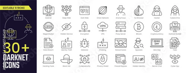 Obraz Darknet Stroke icon collections. Containing Darknet, Deep Web, Dark Web, Onion Network, Tor Browser, Hacker, Encryption, VPN, and Proxy Server icons. Editable Stroke icon collection Outline icon