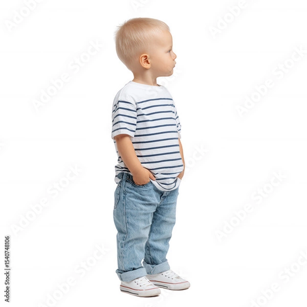 Fototapeta A young boy stands confidently in a striped shirt and jeans, with his hands in his pockets, showcasing a playful yet thoughtful expression against a white isolated background.