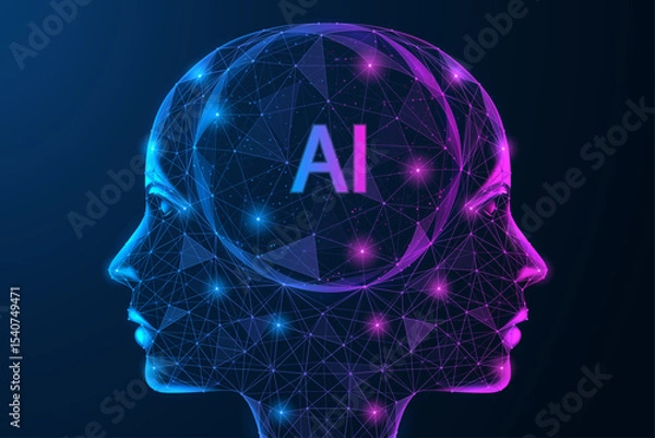 Fototapeta Futuristic digital intelligence of the future. Fusion of neutron networks and technologies into a single synthetic mind. Polygonal design of interconnected lines and dots.