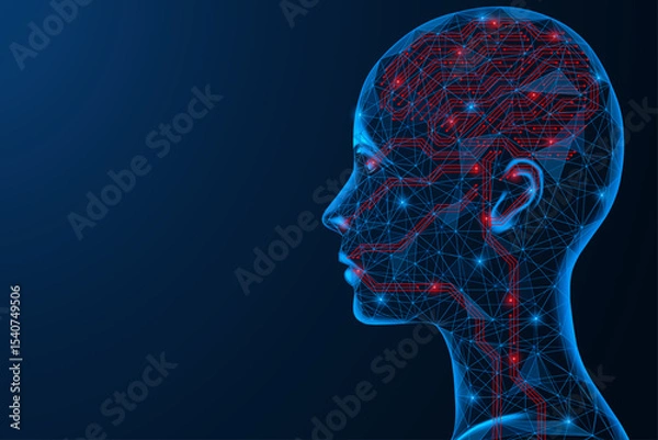 Fototapeta An artificial intelligence head with printed circuit board tracks inside. Polygonal design of interconnected lines and dots. Blue background.