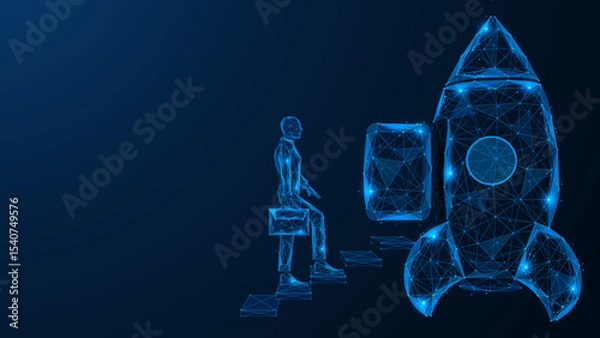 Fototapeta A businessman walking towards a rocket. Polygonal design of lines and dots. Blue background.