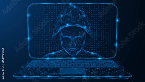 Fototapeta A hacker looking out of a laptop screen. Polygonal design of interconnected lines and dots. Blue background.