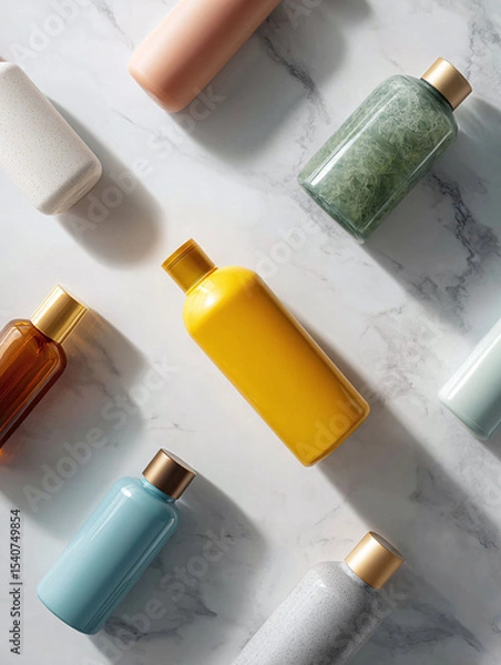 Obraz Elegant, diverse collection of cosmetic bottles on marble. Luxurious presentation for beauty, spa or personal care products. Great for ads or websites.