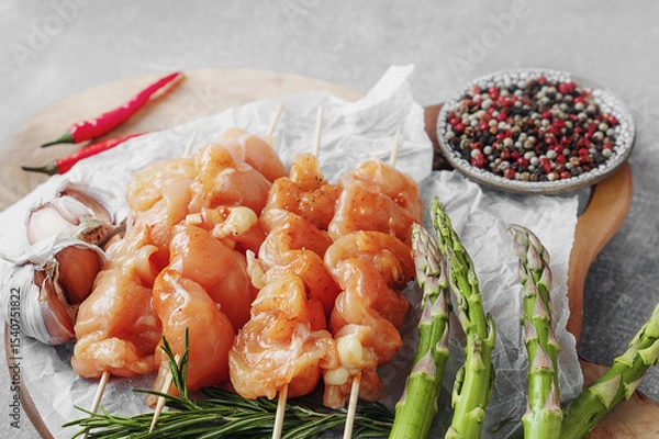 Fototapeta Raw chicken breast kebab. Raw sliced chicken breast on wooden sticks with asparagus and spices