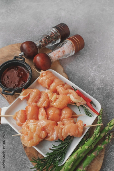 Fototapeta Raw chicken breast kebab. Raw sliced chicken breast on wooden sticks with asparagus and sauce ready to marinate.