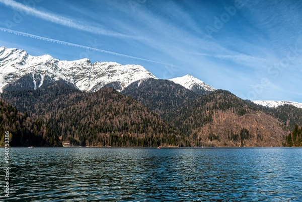 Obraz Scenic lake and high snow capped mountains in the background