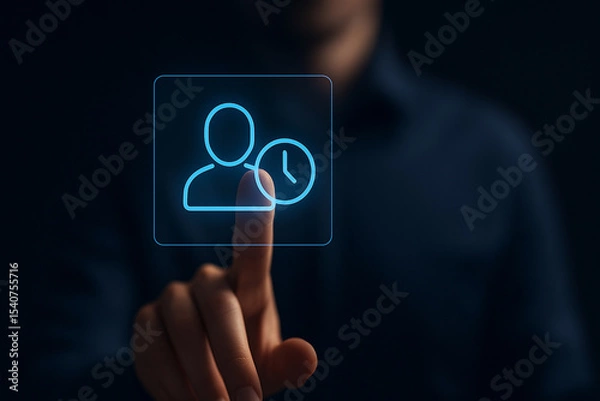 Obraz Futuristic Finger Touch Interface with Holographic User and Clock Icon for Digital Time Management and Virtual Access Control