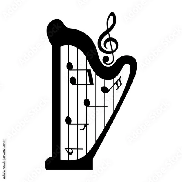 Fototapeta Musical harp with notes, music instrument black silhouette, vector illustration.
