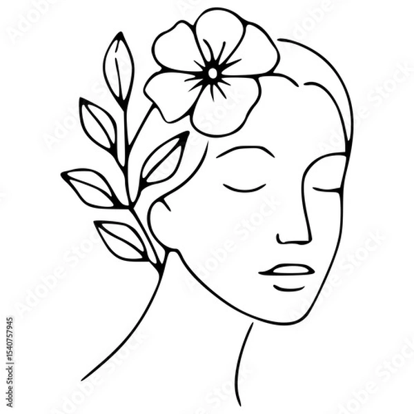 Obraz Girl with flowers and leaves one line vector drawing