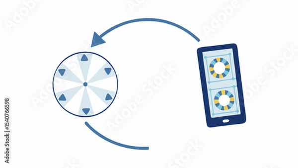 Fototapeta Wheel with arrow syncing data to mobile device showing circle charts on the screen display exactly