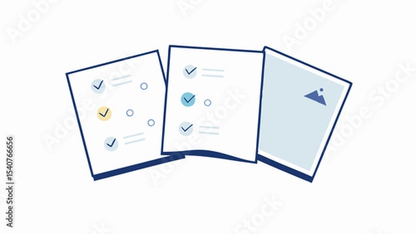 Fototapeta Three tilted sheets of paper showing checklists and a mountain icon in a simple style