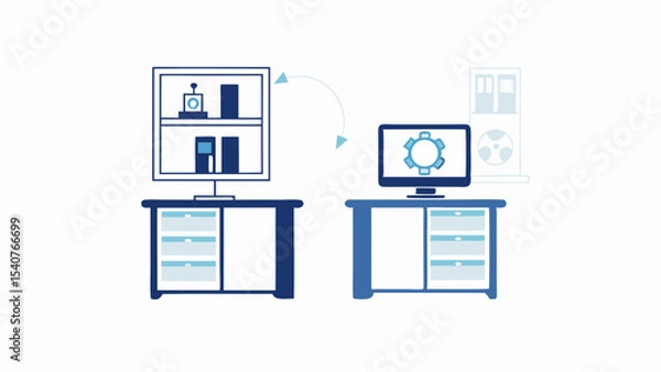 Fototapeta Data migration depicted with computers, shelves, and arrow showing transfer of information process flow