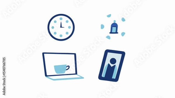 Fototapeta Illustration of a clock, a laptop with a cup, a notification bell, and a tablet with a person icon