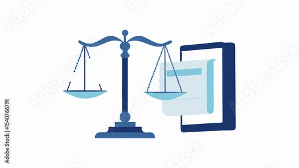 Fototapeta Illustration showing a scale of justice next to a tablet with a document on the screen