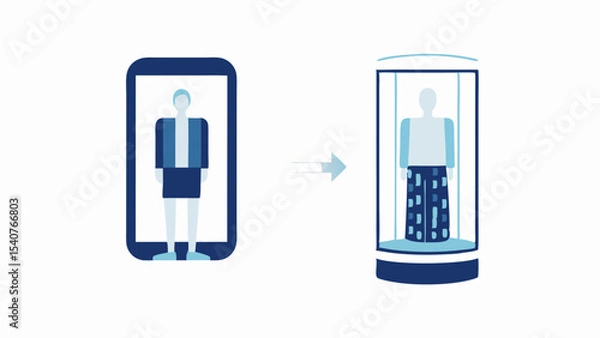 Fototapeta Person on phone transforming into a mannequin inside a display case with arrow pointing to it
