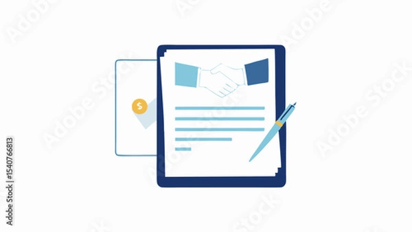 Fototapeta Illustration of a business contract with handshake and pen next to a coin on a white background
