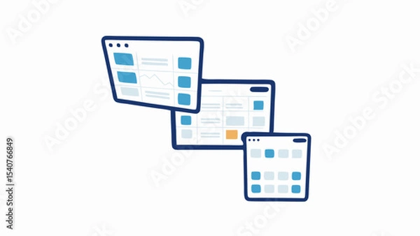 Fototapeta Three overlapping web browser windows displaying different data visualizations and layouts