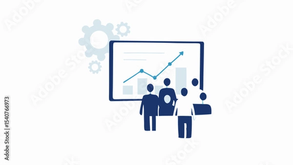 Fototapeta Illustration of a business meeting with a chart showing growth and gears in the background