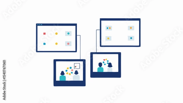 Fototapeta Illustration of four interconnected screens displaying digital collaboration and communication tools