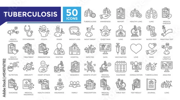 Fototapeta Tuberculosis lineal icon set collection. This set includes lab, diagnosis, treatment, doctor, lung, infection, health check and more icons in lineal style. Vector icons collection for infographics