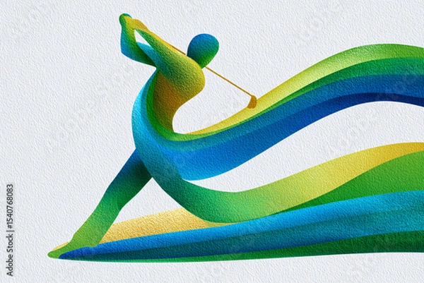 Fototapeta A dynamic figure swings a golf club amid vibrant green and blue waves, capturing the essence of the sport and movement
