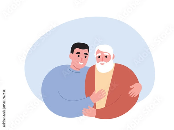 Fototapeta 
Son supports, hugs elderly parent with gray hair. Men of different generations. Helping old grandfather. Vector flat graphics.
