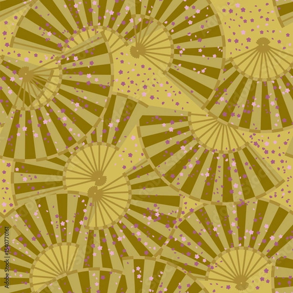 Fototapeta Fans on a yellow background. Seamless background for fabrics, textiles, packaging and wallpaper. Vector illustration. Vector illustration