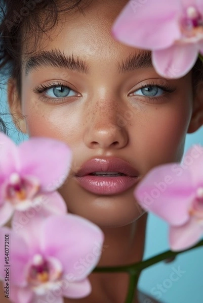 Obraz Close-up of a young woman with natural beauty surrounded by pink orchids, captured in a serene studio setting