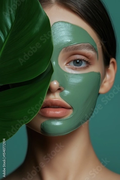 Obraz Woman with green facial mask and large leaf posing against a teal background in a wellness environment