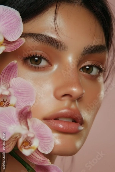 Obraz Young woman with glowing skin and orchids posing against a pink background while showcasing natural beauty