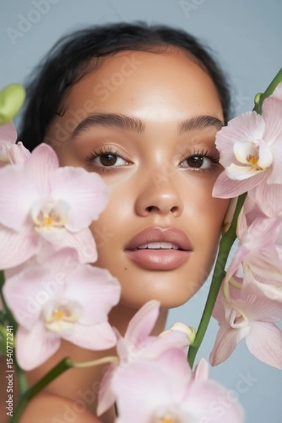Obraz Beauty portrait featuring a model framed by delicate pink orchids with a soft blue background at a studio setting