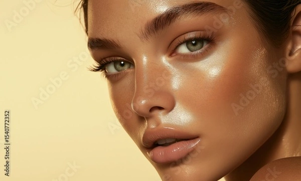 Obraz Close-up of a model with glowing skin showcasing natural beauty against a warm yellow background