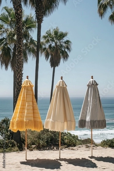 Obraz Umbrellas stand on a sandy beach with palm trees and ocean waves under a clear blue sky during daylight