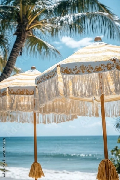 Obraz Beachfront scene with decorative umbrellas under palm trees on a sunny day by the ocean