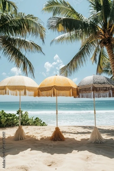 Obraz Colorful beach umbrellas provide shade on a sunny day at a tropical seaside location