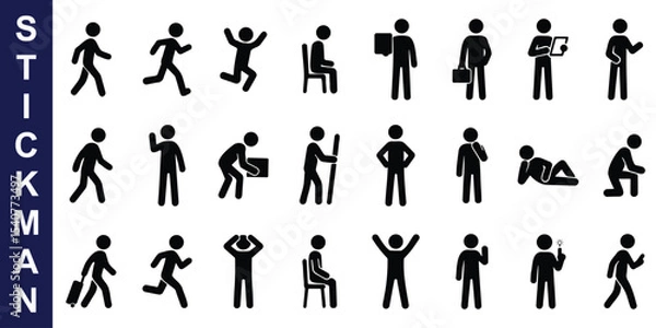Obraz Minimal stickman icon set - showing diverse human actions and poses including walking, working, dancing, jumping, sitting